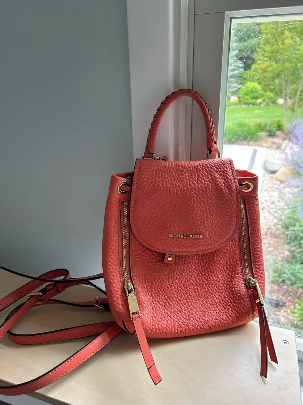 Michael Kors Coral-Peach Pebbled Leather Backpack - Picture 1 of 4